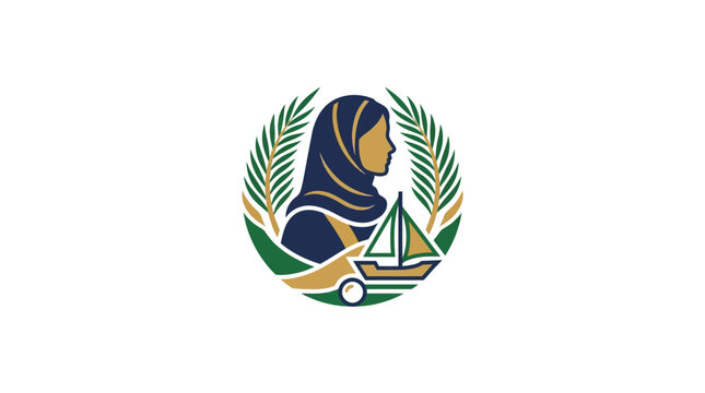 Middle Eastern Woman Emblem with Traditional Dhow and Palm Leaves