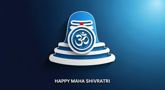 Stylized blue lingam icon featuring a white om symbol and a red bindi detail created with a clean paper cut effect on a gradient background