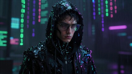 Naklejka premium Rainy cyberpunk hacker in neon-lit digital rain, intense gaze, futuristic gear.
