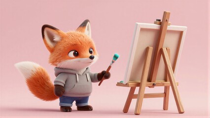 Obraz premium Adorable fox artist holds brush, ready to paint on easel against soft pink backdrop.
