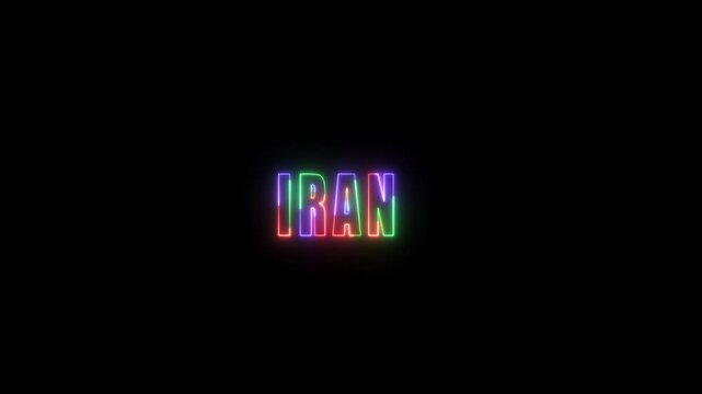 Colorful Neon Sign with Iran Text on Black Background colorful text glowing letters