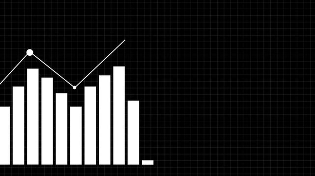 A stark white bar graph with a rising line graph overlayed on a black grid background, illustrating a positive trend or growth with clear vertical bars and a connecting line with a circular data