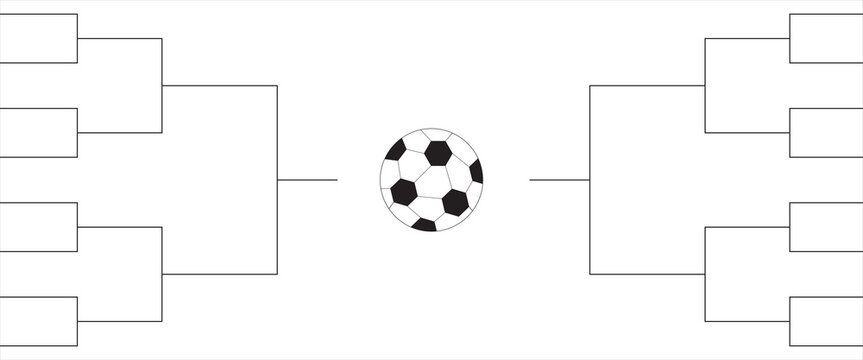 Soccer tournament bracket template with a central football icon. Simple knockout competition layout for sports events and match schedules.