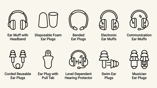 Set of ten different types of hearing protection devices and earplugs icons.