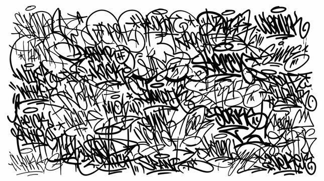 Abstract graffiti tag wall pattern black and white street art background.