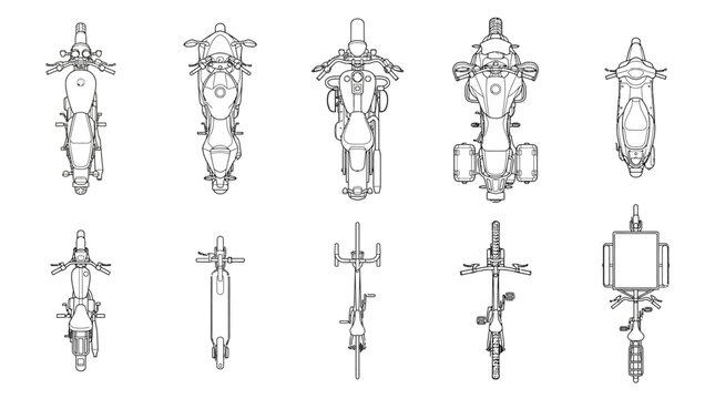 Set of ten motorcycle and scooter top view technical line drawings.