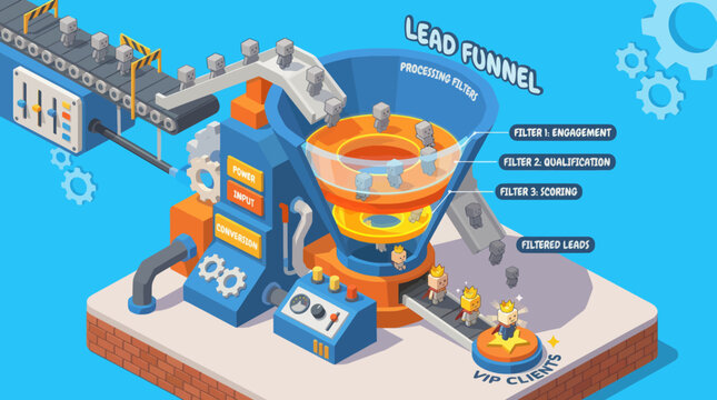 Isometric conveyor belt factory processing cubic robot characters