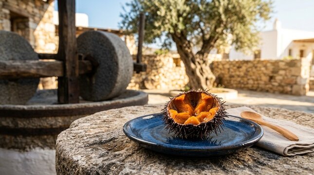 Sea urchin roe close fresh Greek sea urchin echinos roe served in shell close macro orange colour on ceramic plate wide environmental composition showing food