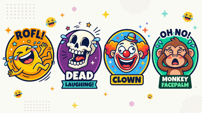 Set of funny cartoon sticker character designs with expressions.