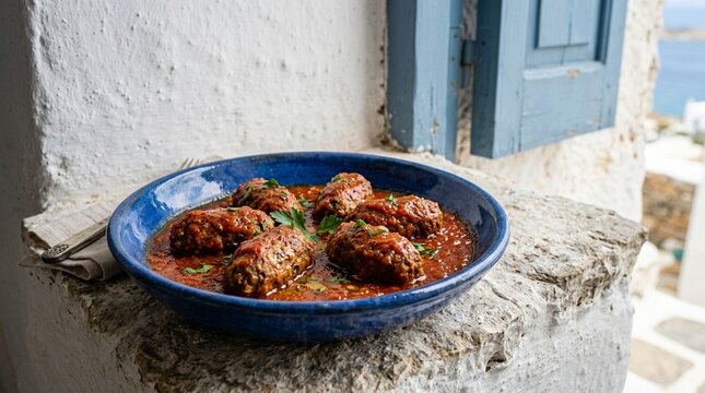 Soutzoukakia in sauce souzoukakia in tomato cumin sauce six meatballs on wide ceramic plate overhead low table-level dramatic angle looking across the food