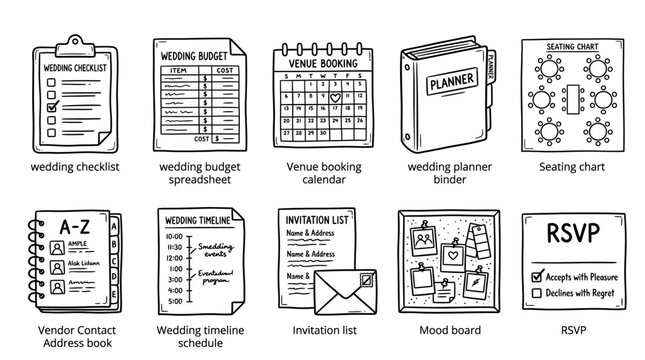 Set of hand drawn wedding planning icons and organization tools.