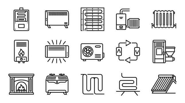 Set of home heating and climate control system line icons.