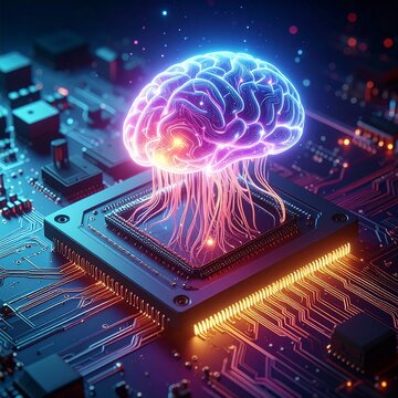 Glowing brain on circuit board