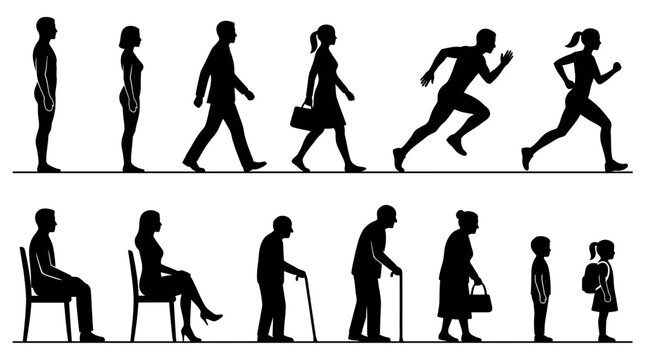 Set of human silhouettes representing different ages and activities.