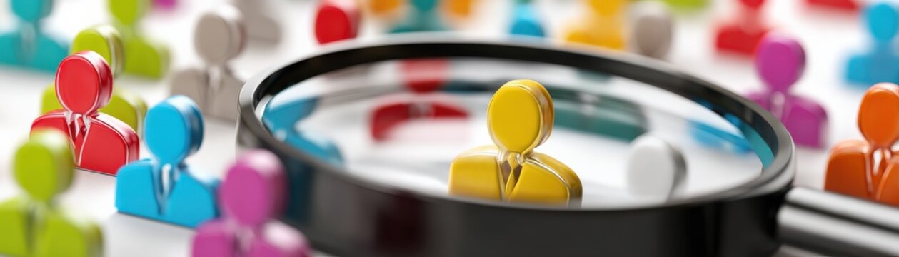 A colorful group of diverse paper cutout figures with a yellow figure magnified by a magnifying glass, symbolizing focus on an individual.