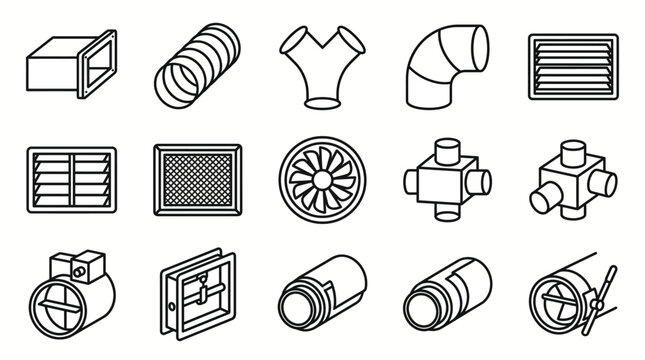 Set of HVAC ventilation system icons and components line art.