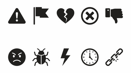 Fototapeta premium Set of black flat UI and UX web interface icons representing negative states.
