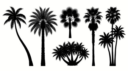 Fototapeta premium Set of black palm tree silhouettes on white background.