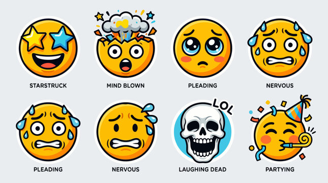 Collection of expressive cartoon emoji stickers with various emotions and funny faces.