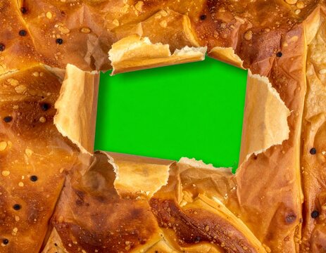Golden pastry torn open, green screen