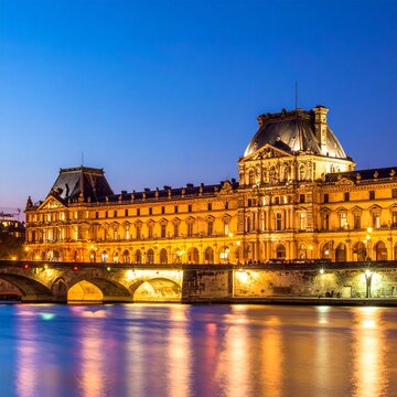 Illuminated palace by river at dusk