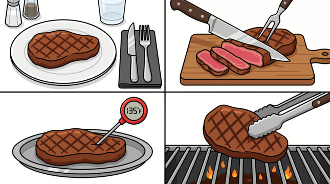 Four steps of grilling and preparing a beef steak illustration.