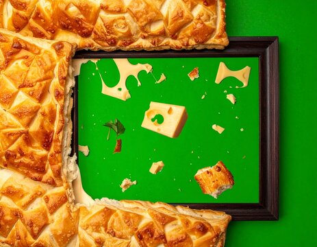 Golden pastry frames floating cheese