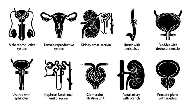 Human Reproductive and Urinary System Anatomy Icon Set.