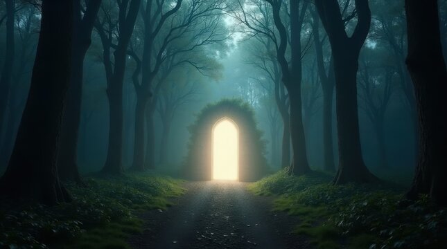 Mysterious glowing stone archway at the end of a dark foggy forest path