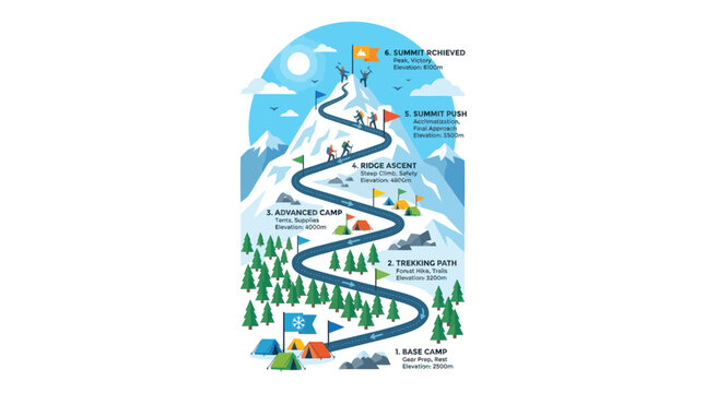 Mountaineering expedition infographic showing camping and mountain trails