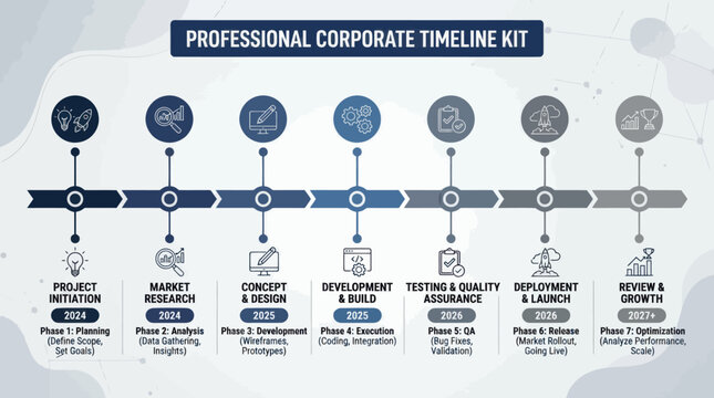 Professional business project roadmap infographic with development phases