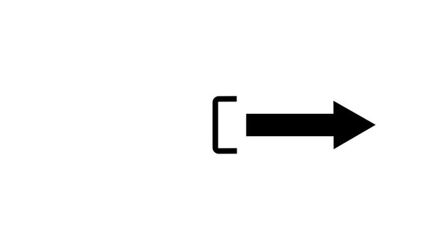 Black bracket and right-pointing arrow on a white background signifying forward progression or the next action in a sequence