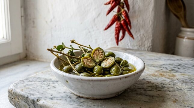 Wild Greek capers close small Greek wild capers on stems close macro in white ceramic bowl olive oil side profile hero showing cross-section or layers visible