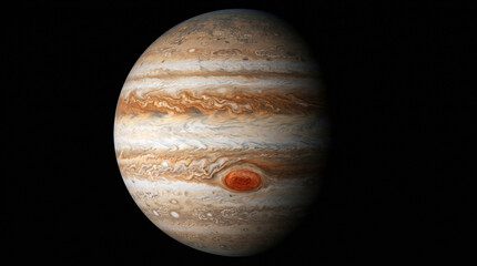 Fototapeta premium The planet jupiter with its distinctive banded appearance and a large red storm