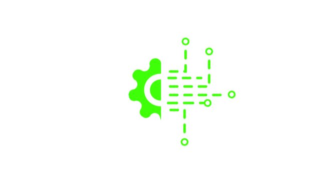 A white combining a gear and digital circuit on a black background representing technology and data processing