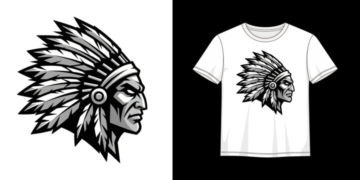 Native American Chief Mascot Logo with Traditional War Bonnet Headdress T-Shirt Design
