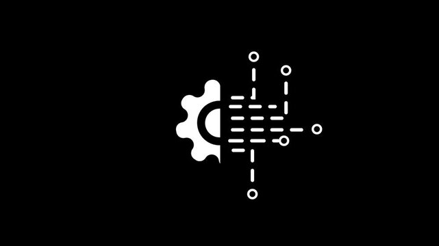 A white combining a gear and digital circuit on a black background representing technology and data processing