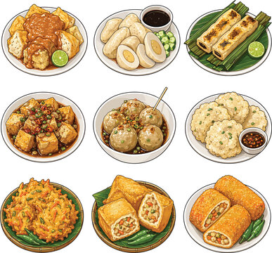 Indonesian snack icon set with batagor, otak otak, tofu dishes, cilok, bakwan, tahu isi and risoles