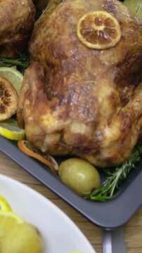Vertical video: Sliding camera revealing roast chicken on table with lemon slices potatoes baguette