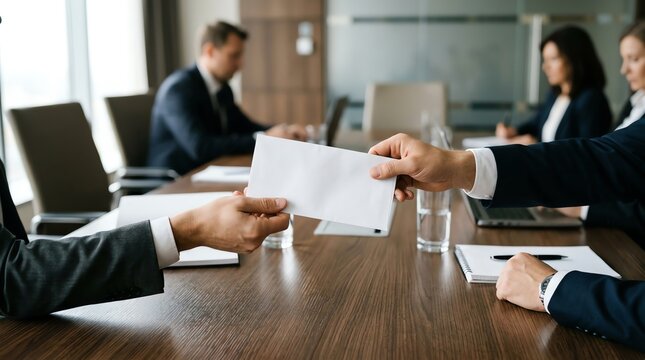 Business meeting where hands exchange an envelope across a conference table
