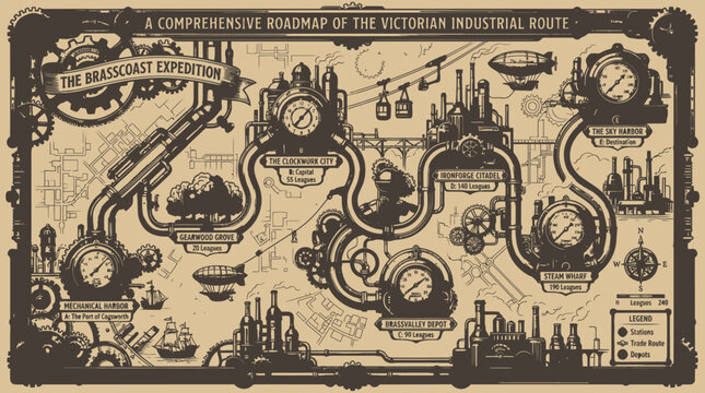 Steampunk vintage map with gears and mechanical fantasy elements