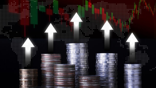 Stacks of coins with glowing upward arrows, candlestick chart and world map on dark background, representing investment growth, stock market success, financial strategy, global economy and wealth mana