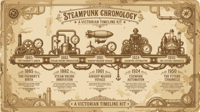 Vintage steampunk industrial timeline infographic with gears and pipes