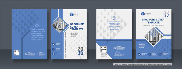 Obraz premium Brochure cover creative design. Multipurpose universal template, include cover and back pages. Trendy flat geometric style. Two sample layouts and color schemes. Vertical book a4 format. Scale 3:1