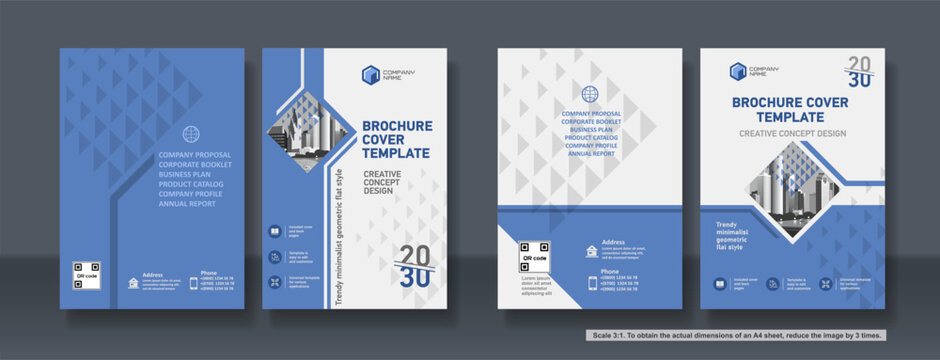 Brochure cover creative design. Multipurpose universal template, include cover and back pages. 
Trendy flat geometric style. Two sample layouts and color schemes. Vertical book a4 format. Scale 3:1