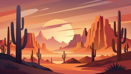 Naklejka premium Desert landscape with giant saguaro cacti and rock formations at sunset landscape mountains wilderness illustration environment beautiful panoramic formation dramatic daylight adventure