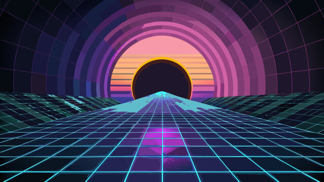 Stylized 80s retrowave tunnel landscape with glowing sun and grid perspective floor retrowave landscape synthwave vaporwave futuristic background abstract perspective geometric nostalgia