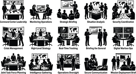 Obraz premium Military Command Center Operations. Strategic Briefing, Intelligence Analysis, Security Coordination Vector Illustration