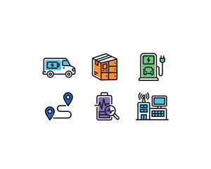 Obraz premium EV delivery van logistics icons, smart parcel shipping and depot charging vector