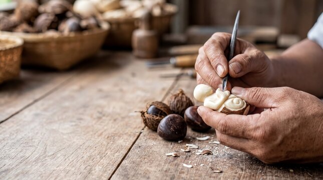eco-friendly crafts, a hand holds a beautifully carved tagua nut, showcasing its natural elegance